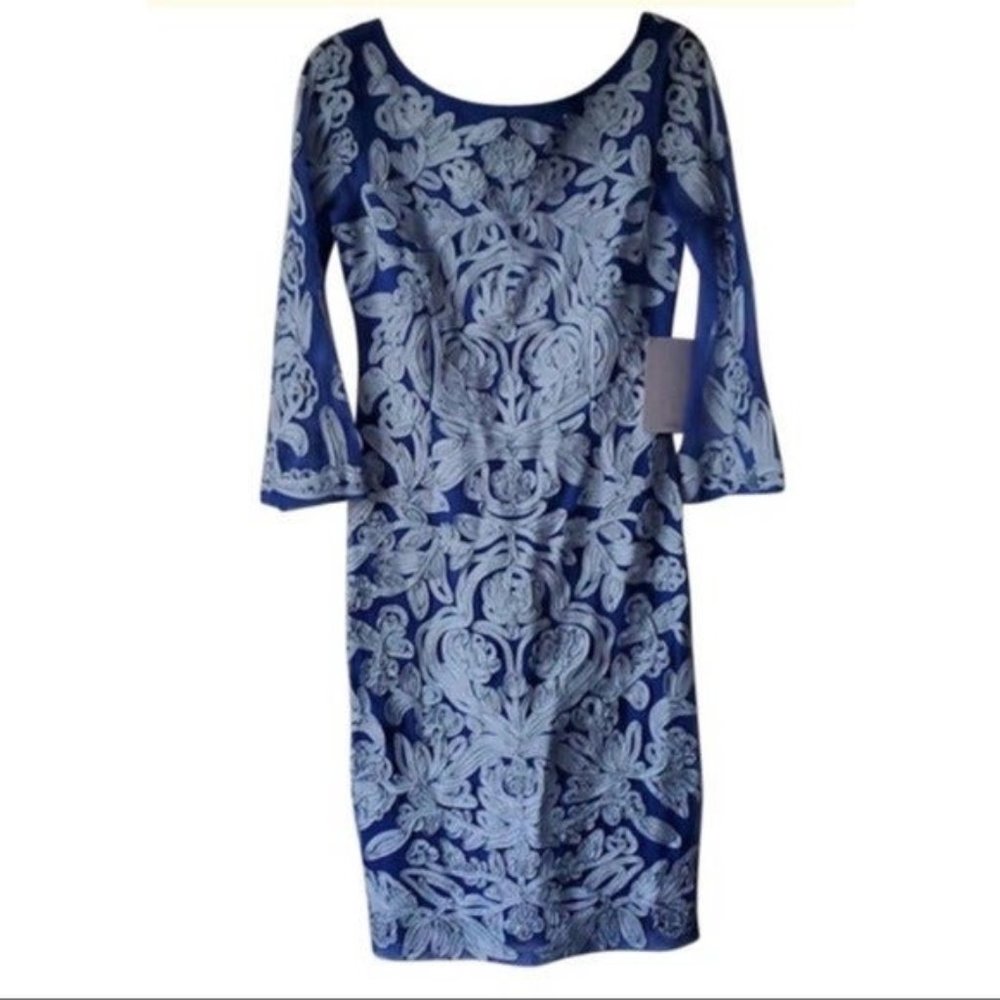 JS Collections Soutache Chiffon Embroidered Sheath Midi Cocktail Dress